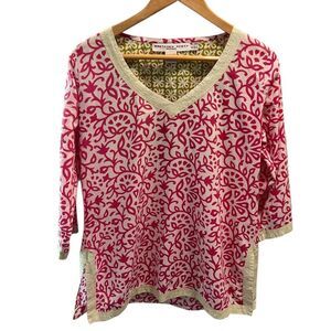 Gretchen Scott Designs Pink Floral V-Neck Tunic Top | 3/4 Sleeve | Cotton Small